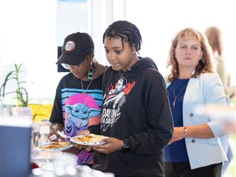 Students in line to get food
