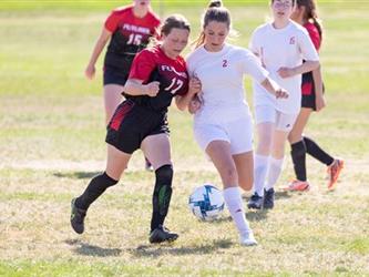 Soccer players fighting for ball