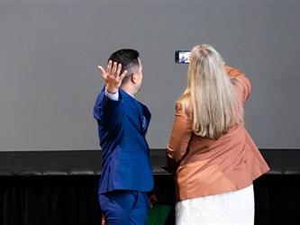 Man and woman posing for selfie