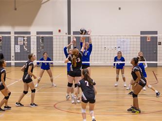 Girls playing indoor volleyball
