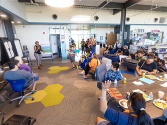 Families gathered in library 